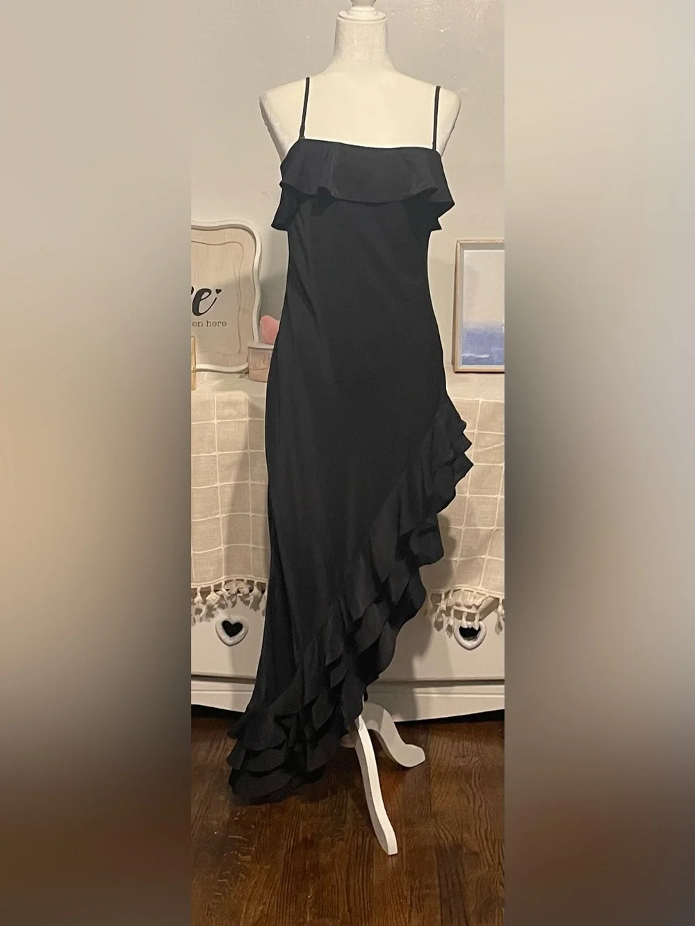 Abercrombie & Fitch Black Ruffle-Trim Maxi Slip Dress with Side Slit size M